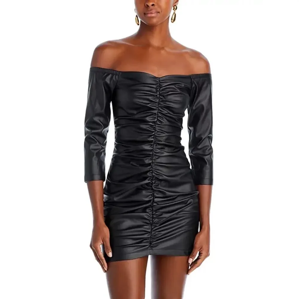 LUCY PARIS Women's Faux Leather Off-the-Shoulder Mini Dress Black Size Small NWT